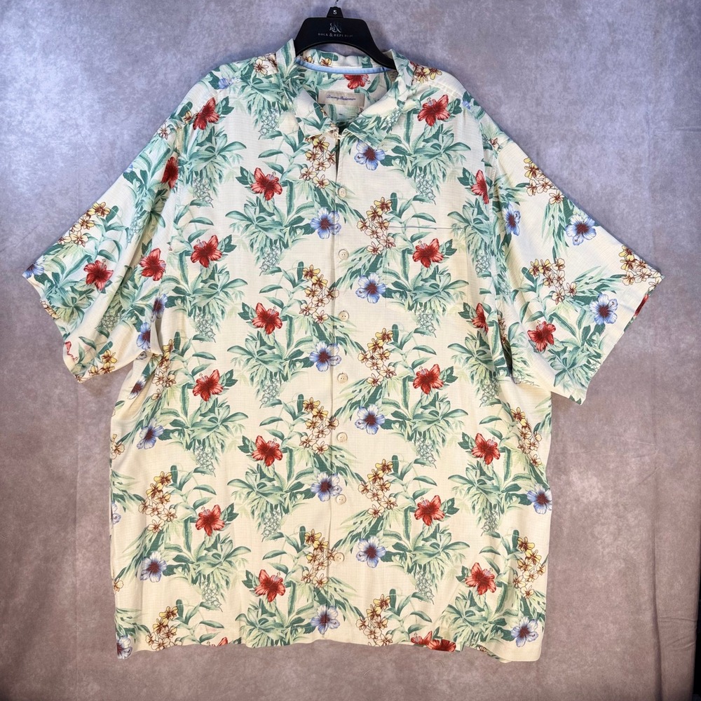 Tommy Bahama Shirt Mens 3XT Cream Floral Silk Short Sleeve Tropical Camp Button